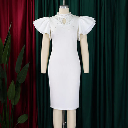 Elegant Dresses for Women O Neck Ruffles Sleeve Beaded Sheath Package Hips Mid Calf Luxury Birthday Party Dinner Vestidos Mujer