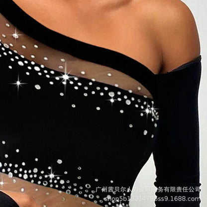 Tops Women Sexy Top Hot Drilling Skew Collar Sheath One Shoulder Y2k Sleeve Slim Fit Y2k Streetwear Elegant Tees T-Shirts