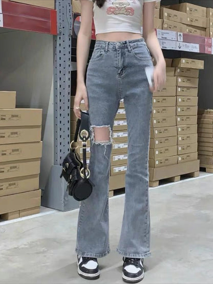 Denim Pants for Women Blue Womens Ripped Jeans Slim Fit Straight Leg Bell Bottom Trousers Original Emo Wholesale Stylish Wide A