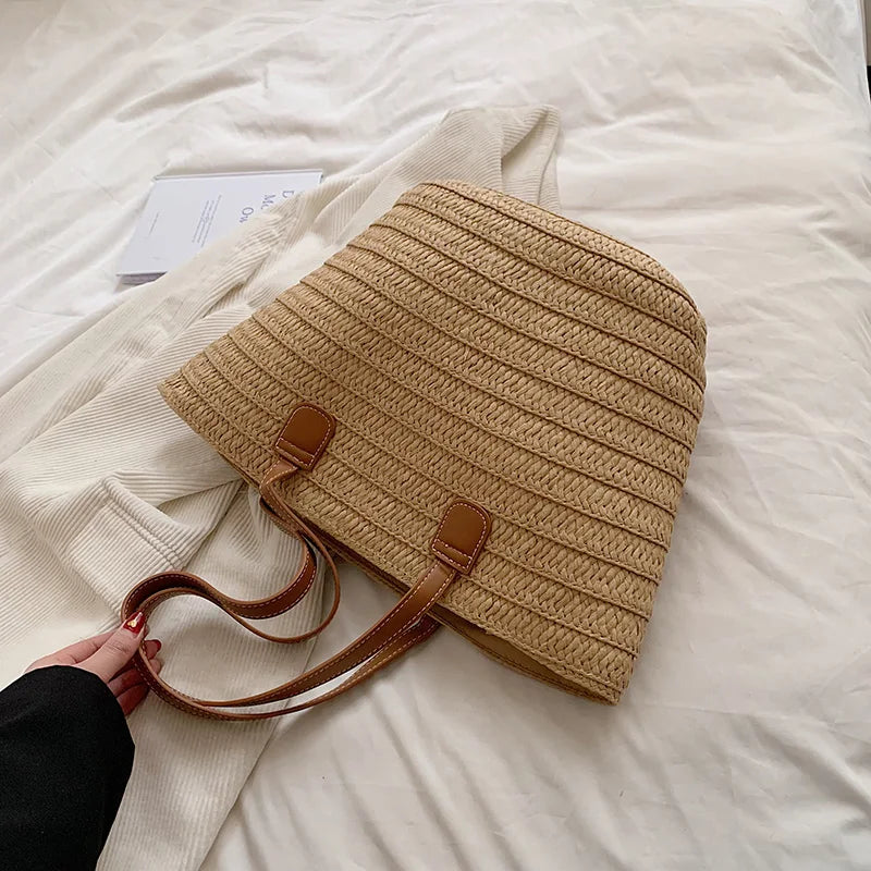 Women Braided Basket Clutches Top-handle Bag Large Straw Portable Shoulder Bag Summer Beach Party Purses Shopper Satchel Female