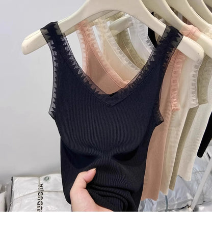 Women Summer Fashion Thin Knitted Undershirt Sleeveless Corset Top Half High Neck Comfortable Breathable Lace Tank Top 2025