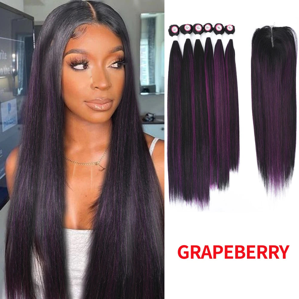 Synthetic Hair Weaving Bundles with 4*4 Clousure Lace Frontal Ombre Wig Natural Wave Straight Hair Extensions Soku Hair Weave