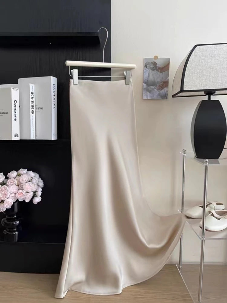 Long Skirts for Women High-waisted Thin Satin Acetate Silky Fishtail Skirt Korean Fashion Clothing Elegant Women's A-line Skirt