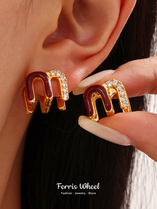 Wine Red Enamel Earrings For Women Copper Gold Plated Trendy Female Ear Studs Girls Charming Jewelry