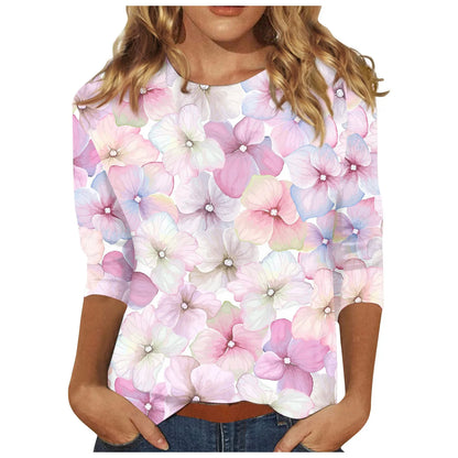 2024 Women Summer Tops Comfortable T Shirt Fashion Flower Print Round Neck 3/4 Sleeve Tops Soft Versatile Pullover Ropa De Mujer