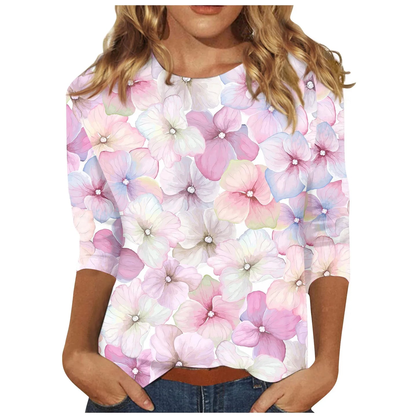 2024 Women Summer Tops Comfortable T Shirt Fashion Flower Print Round Neck 3/4 Sleeve Tops Soft Versatile Pullover Ropa De Mujer