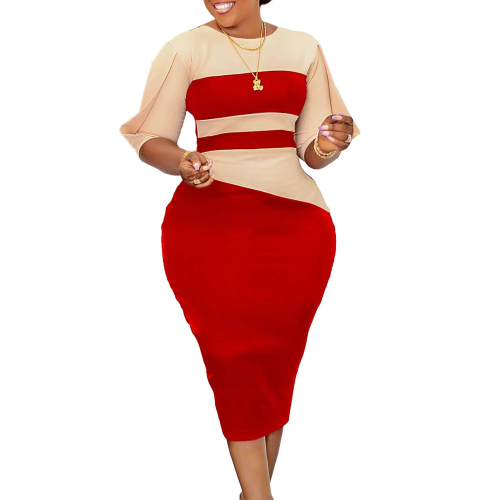 Elegant Church Dresses for Women 2023 New Arrivals Fashion Two Color Patchwork Fitted Ladies Knee Length Formal African Dress