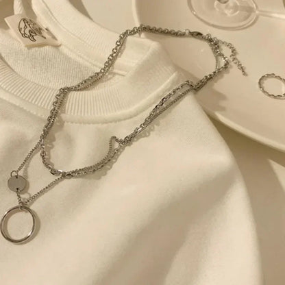 Geometric Circle Necklace for Women Fashion Hip-hop Double Layered Choker Collarbone Chains Niche Design Trendy Sweater Chain