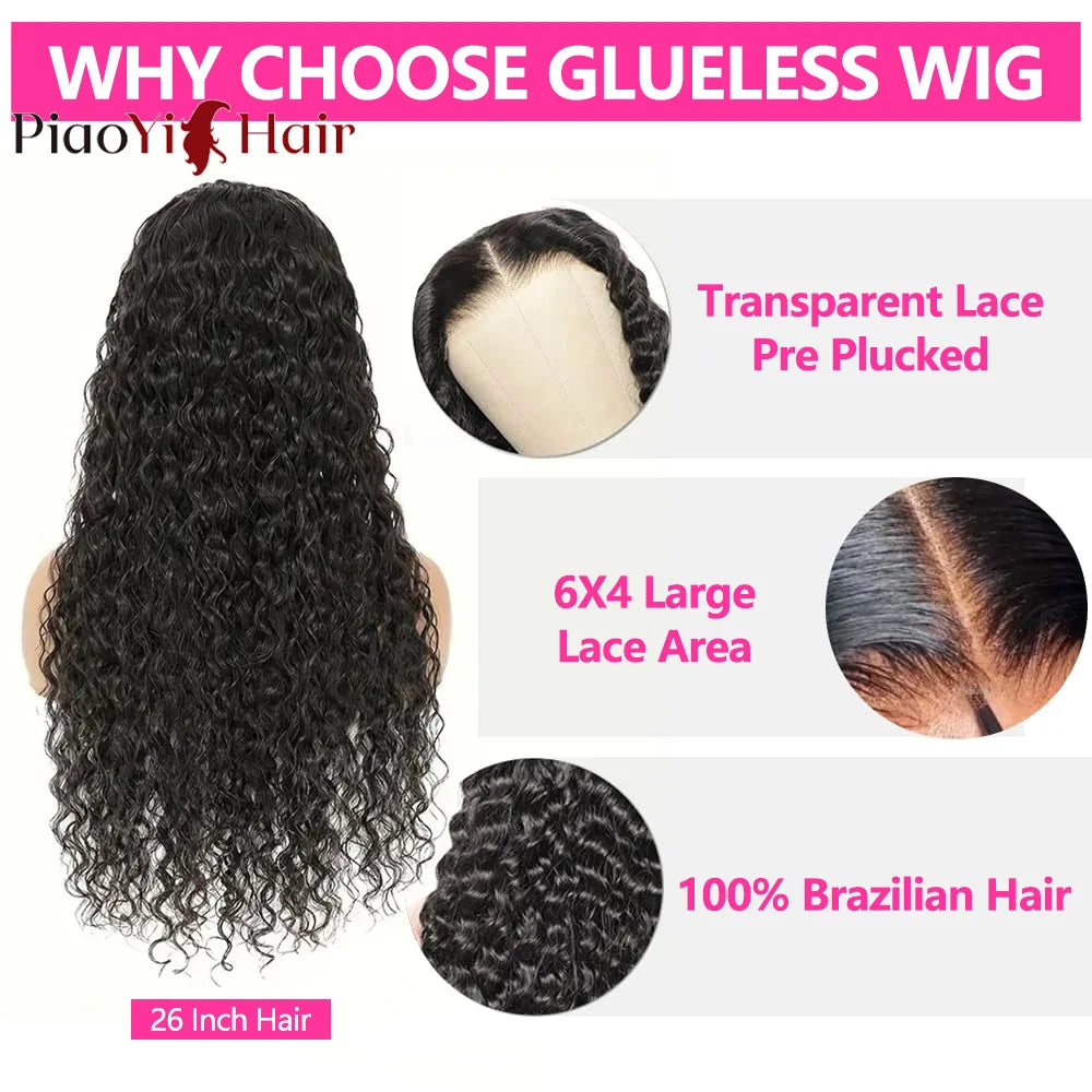 26Inch Glueless Wigs Human Hair 6X4 Lace Ready To Wear Go Water Wave Wig 100% Human Hair Curly Glueless Wig Pre Cut For Women