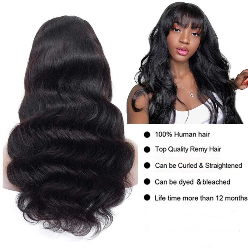 Body Wave Wig With Bangs Human Hair Ready to Go Glueless Wigs None Lace Front Wigs 180% Brazilian Virgin Hair Machine Made Wig
