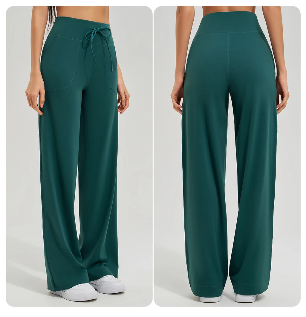 Women's High Waist Yoga Pants Gym Loose Running Yoga Pants Double Side Brushed with Pockets Pants Ties