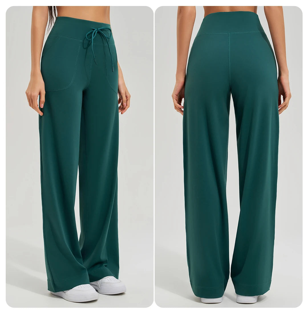 Women's High Waist Yoga Pants Gym Loose Running Yoga Pants Double Side Brushed with Pockets Pants Ties