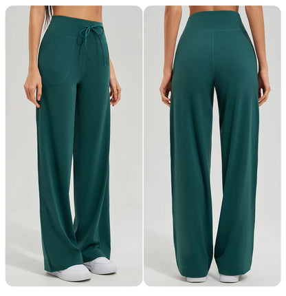 Women's High Waist Yoga Pants Gym Loose Running Yoga Pants Double Side Brushed with Pockets Pants Ties