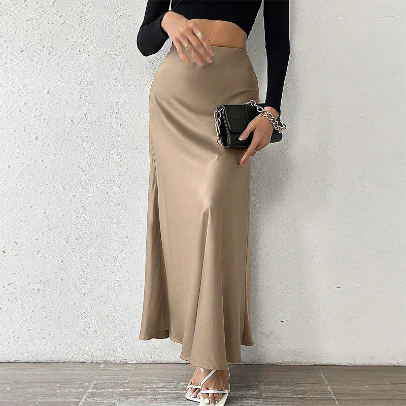 TRAF Women's Skirt Summer Elegant Satin Skirt Stylish Lady High Waist Skirts Cylinder Green Black Skirt Woman Office Street Wear