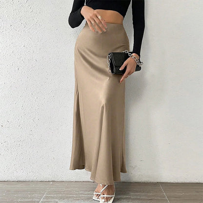 TRAF Women's Skirt Summer Elegant Satin Skirt Stylish Lady High Waist Skirts Cylinder Green Black Skirt Woman Office Street Wear