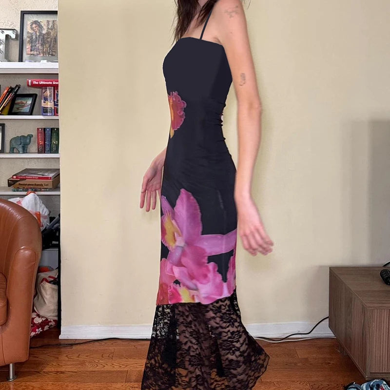 Women's Dresses New Summer Sexy Black Lace Fashion Print Sleeveless Backless Strap Maxi Dress Casual Club Elegant Female Dresses