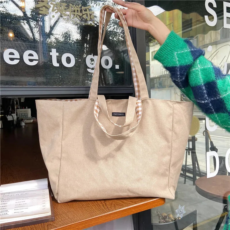 Women Canvas Shoulder Bags Plaid Double-side Large Capacity Handbags Female Shopping Portable Lazy All-match Foldable Tote Bag