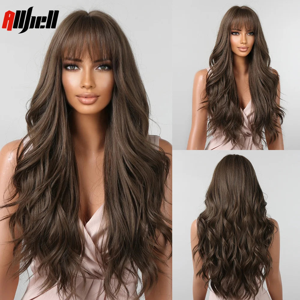 Long Wavy Wine Red Synthetic Wigs Natural Wave Afro Wigs With Bangs for Black Women Cosplay Costume Wig Heat Resistant Fiber