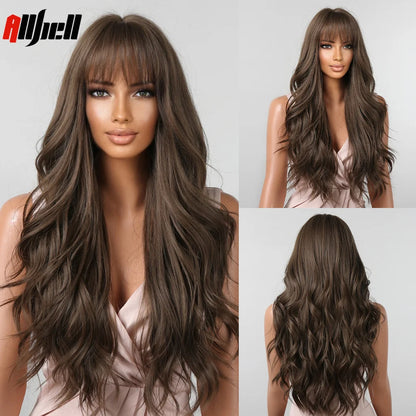 Long Wavy Wine Red Synthetic Wigs Natural Wave Afro Wigs With Bangs for Black Women Cosplay Costume Wig Heat Resistant Fiber