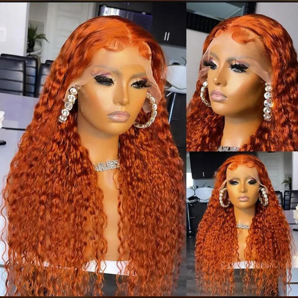 Ginger Water Wave Human Hair Wig 13x4 Lace Front Wigs For Women Brazilian Orange Color Deep Curly Wave Lace Front Human Hair Wig