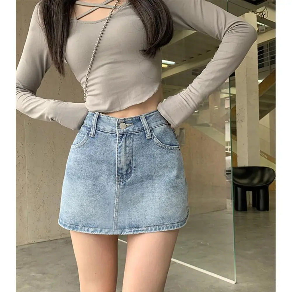 Fashion High Waist Mini Skirt Retro Slim Fit Short Skirt A-Line Casual Jean Skirt Girls