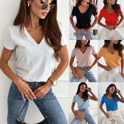 Women's Blouses T-shirt New Fashion Summer Pullover Tops White Short Sleeve Slim Fit V-Neck T-Shirt For Women Casual Clothing