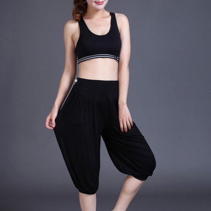 Summer Women Yoga Pants Modal Solid Color Yoga Cropped Pants Wide Elastic Waistband Dance Performance Wide Leg Pants Bloomers
