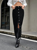 Benuynffy American Streetwear Button Front Denim Skirt Women's Autumn New Retro Fashion High Waist Straight Jean Long Skirts