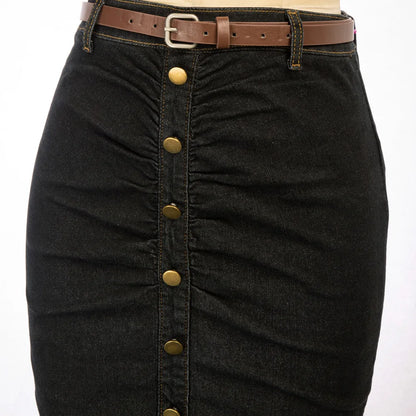 BP Women Vintage Jean Skirt With Belt High Waist Ruched Front Bodycon Skirt