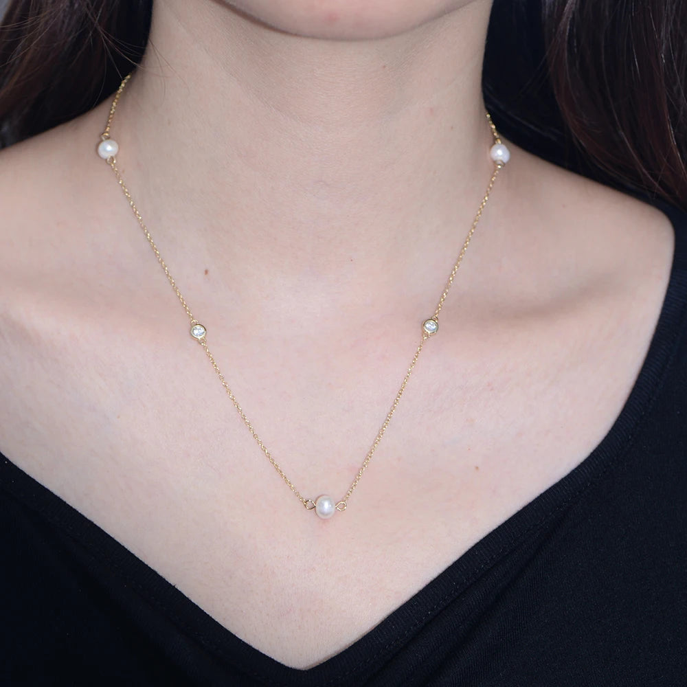 fashion jewelry 925 sterling silver necklaces natural freshwater pearl round zircon gold plated necklaces for women