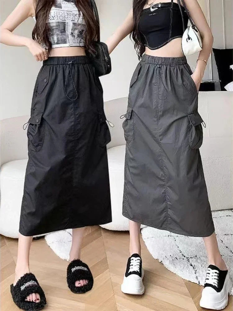 Skirts for Women Spring Summer Drawstring Workwear Half-body Skirt Split Mid-length Skirt Pure Color Package Hip One-Step Skirt