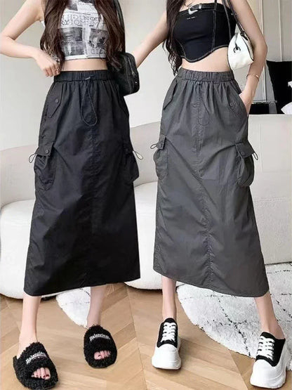 Skirts for Women Spring Summer Drawstring Workwear Half-body Skirt Split Mid-length Skirt Pure Color Package Hip One-Step Skirt