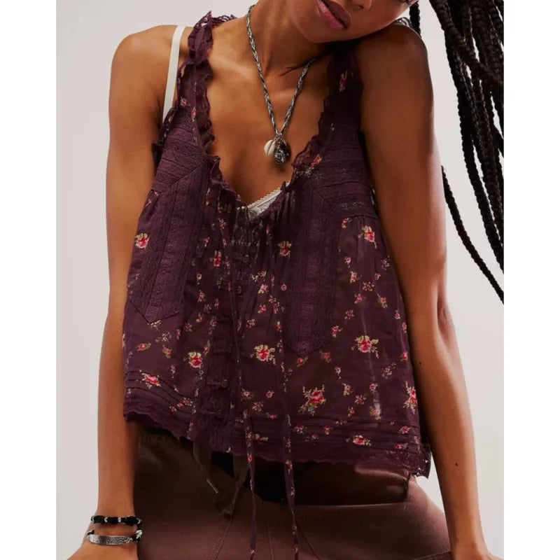 Women Sexy Crop Tops Sleeveless Boho Free Style Tank Tops Splice Lace Hippie Tops Button Down Summer Caimis Tee Top Female Cloth