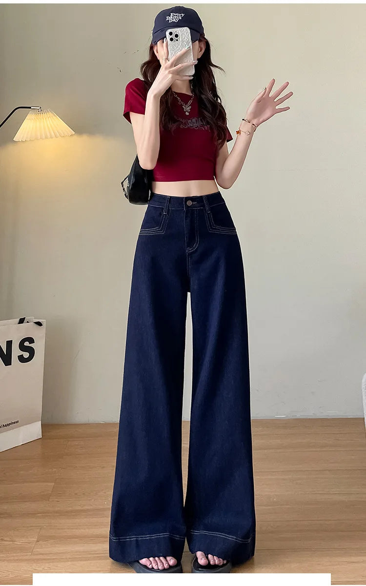 Women's New Jeans Dark Blue Wide Leg Loose Jeans Female Spring and Fall New High-Waisted Loose Straight Jeans Wide Leg Pants