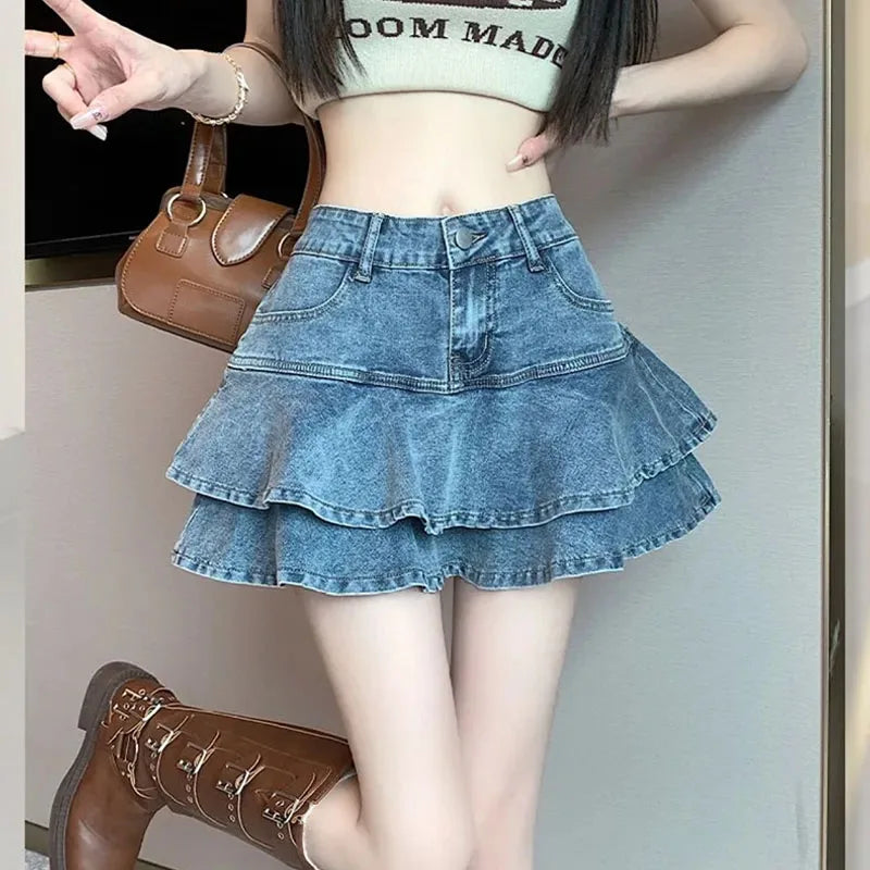 Korean Fashion Women Denim Short Skirts Summer 2025 Streetwear All Match Ruffles Mini Skirt Stretch Jean High Waist Cake Skirt