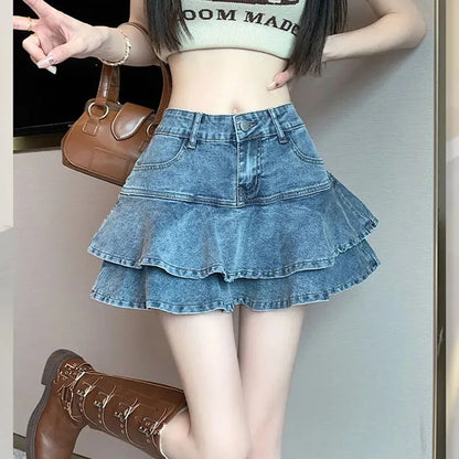 Korean Fashion Women Denim Short Skirts Summer 2025 Streetwear All Match Ruffles Mini Skirt Stretch Jean High Waist Cake Skirt