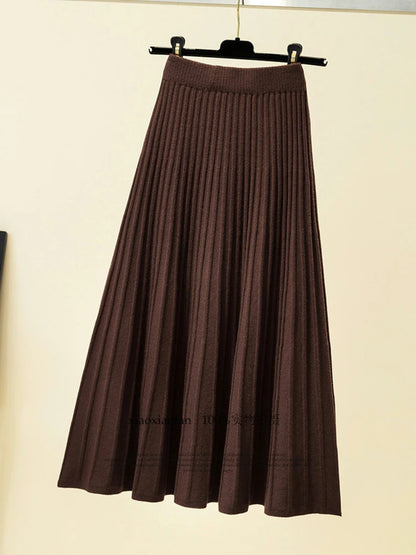 Knitted Skirts Women Autumn Thick Pleated Long Skirt Vintage High Waist Ribbed Female Solid Skirts Casual Streetwear 2025