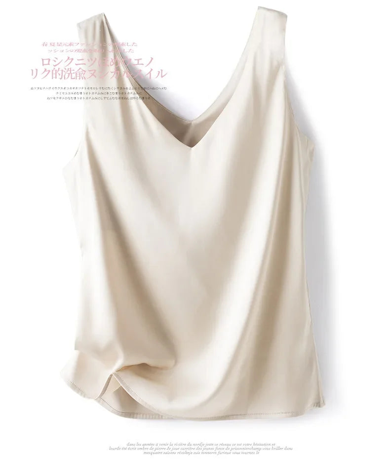 Woman T-shirts Elegant SILK Satin Blouse Sleeveless Female Summer 2023 Casual Loose Tanks and Camis Solid Green Tops for Women