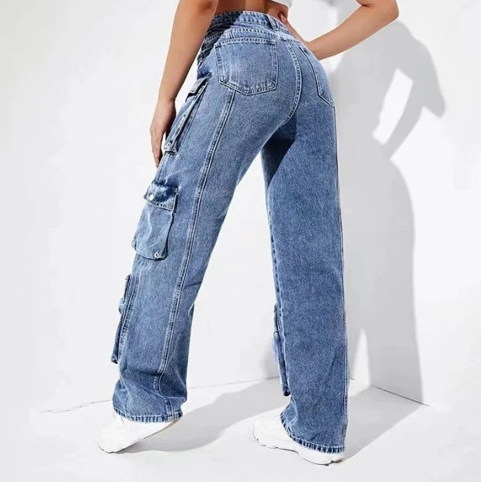 Women's Jeans Trousers 2025 Autumn Winter Latest High Waisted Flip Pants Loose Fit Pants Denim Multi Pocket Pants Long Pants