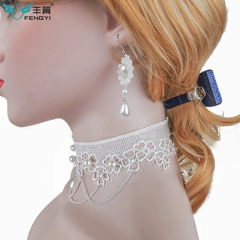 White Necklace Pearl Lace Women Fashion Necklace Earrings lolita Accessories