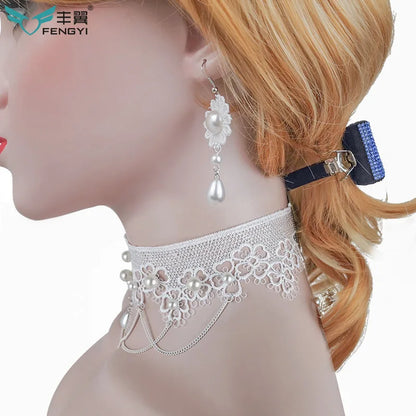White Necklace Pearl Lace Women Fashion Necklace Earrings lolita Accessories