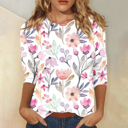 2024 Women Summer Tops Comfortable T Shirt Fashion Flower Print Round Neck 3/4 Sleeve Tops Soft Versatile Pullover Ropa De Mujer