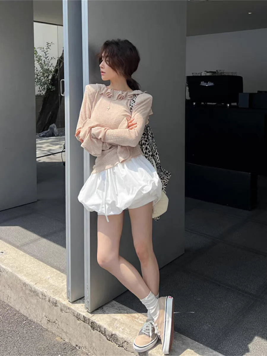 Ropa Skirts for Women 2025 Mini Black White Korean Style Jupe Faldas Mujer Elastic Waist Retro Khaki Drawstring Flower Bud Skirt