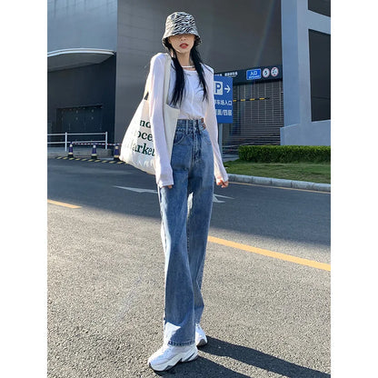 Women's High-Waisted Wide-Leg Jeans, Women's Spring Wear, New Loose Straight-Legged Small Man, Thin and Mopping Long Pants