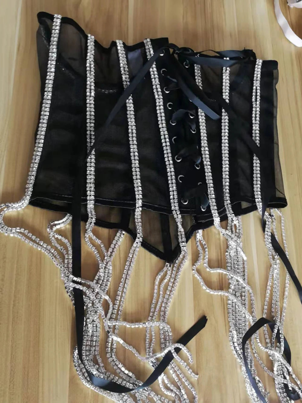 Women Tunic Bras In Waist Corset Tops Fashion Diamond Luxury Diamond Tassel Corset Slim Vest Sexy Tmesh Sheer Top Female 2025