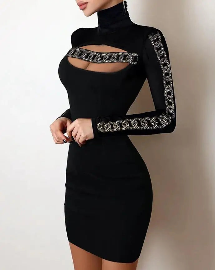 Evening Dresses for Women 2022 New Elegant Sexy Party Wedding Guest Glitter Contrast Lace Cutout Long Sleeve Bodycon Mini Dress