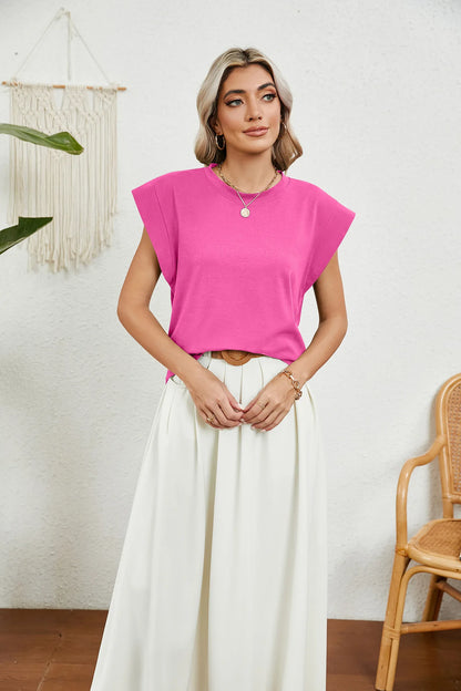 Tops for Women Trendy Summer Casual Short Sleeve Basic Textured Stripe Solid Color Round Neck T Shirts Blouse 2024