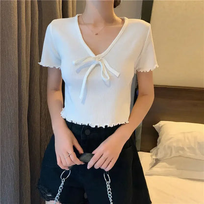 Tops Woman Short Sleeve T Shirt for Women V Neck New in Knitwears Plain Sexy Crop Korean Fashion Reviews Clothes Many Polyester