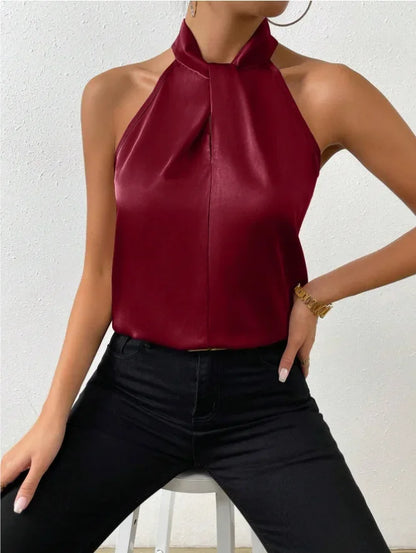 2025 Women's Tanks Top Camis Hanging Neck Strap Design Satin Gloss Loose Sleeveless Blouses Blusas Mujer Moda Black Sexy Shirt