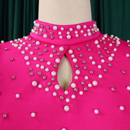 Elegant Dresses for Women O Neck Ruffles Sleeve Beaded Sheath Package Hips Mid Calf Luxury Birthday Party Dinner Vestidos Mujer